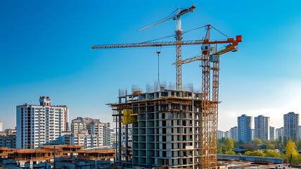 Fototapeta premium Sunny Skies Overseeing Construction with Tower Cranes
