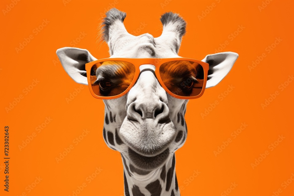 Poster a giraffe wearing sunglasses standing against an orange background. perfect for adding a touch of fu