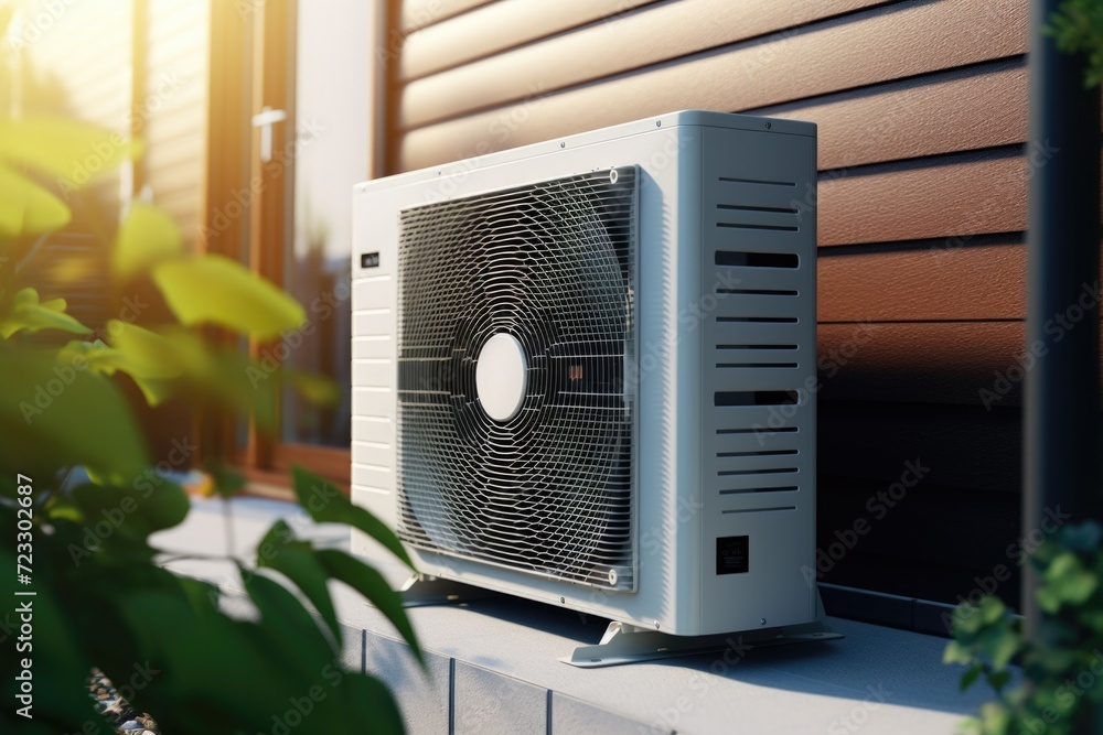 Poster A compact and efficient white air conditioner placed on a window sill. Ideal for cooling small spaces