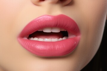 A close-up view of a woman's mouth with vibrant pink lipstick. Perfect for beauty and makeup concepts