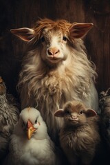 Naklejka premium A group of chickens and a sheep standing next to each other. Perfect for farm or agriculture-related projects