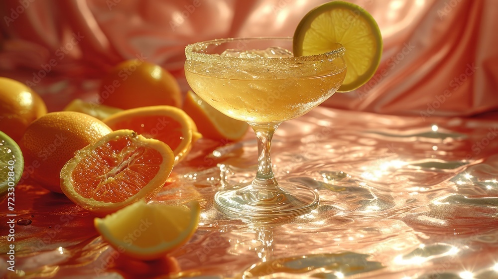 Poster a close up of a wine glass filled with a drink next to sliced oranges and limes on a table with a pi