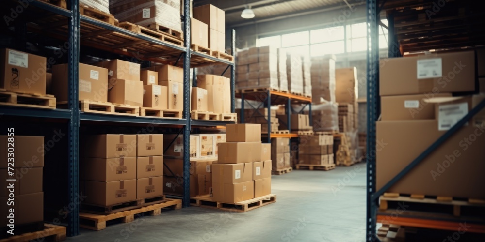 Poster a large warehouse filled with numerous boxes. this versatile image can be used to depict storage, lo