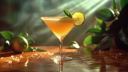  a close up of a drink in a glass with a lime garnish on the rim and a lime slice on the rim, on a wooden table with green leaves.