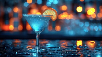  a blue drink with a slice of orange on the rim of the drink in front of a blurry background of blurry lights and bokepted lights.