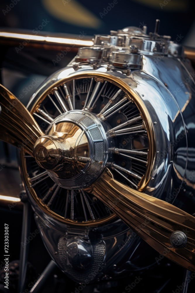Poster a detailed close-up of a propeller on a plane. perfect for aviation enthusiasts or anyone interested