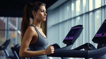 Fototapeta na wymiar A woman is seen running on a treadmill in a gym. This image can be used to depict fitness, exercise, and a healthy lifestyle