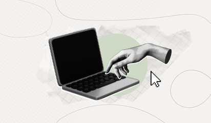 Trendy Halftone Collage Hand reaches for button on computer laptop. Type message. Online job and communication. Freelancers conference. Contemporary vector illustration art