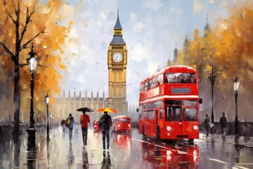 A painting of a red double decker bus on a bustling city street. Perfect for adding a touch of...