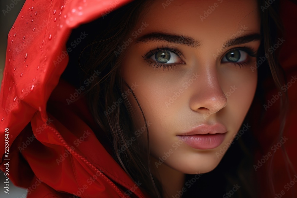 Poster a woman wearing a red hoodie looking directly at the camera. this image can be used to convey a sens