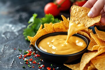 Close up of woman dipping crispy nacho in cheese sauce at black table text space available - obrazy, fototapety, plakaty