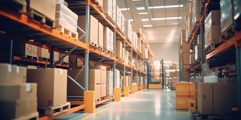 A large warehouse filled with numerous boxes. Suitable for logistics, storage, and inventory concepts
