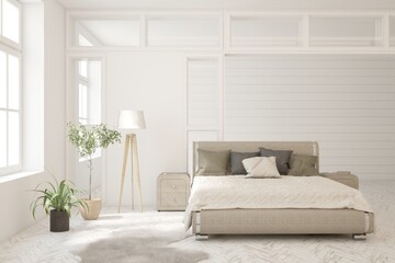 White bedroom concept. Scandinavian interior design. 3D illustration