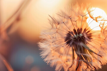 Close up photo of a dandelion flower, macro photography with sunset in the background