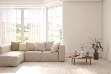 Contemporary classic white interior with furniture and decor and summer landscape in window. Scandinavian interior design. 3D illustration