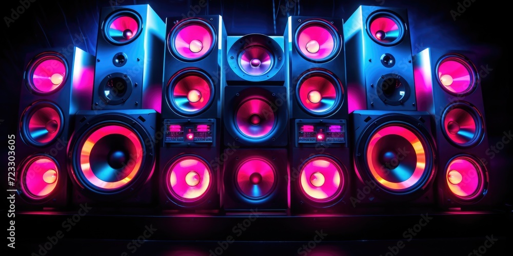 Poster A group of speakers illuminated in the darkness. Perfect for adding ambiance to a party or event