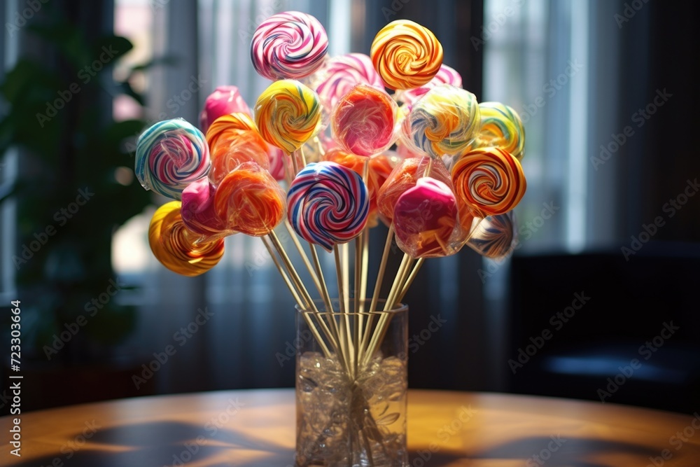 Poster a vibrant vase filled with a variety of colorful lollipops. perfect for adding a touch of sweetness 