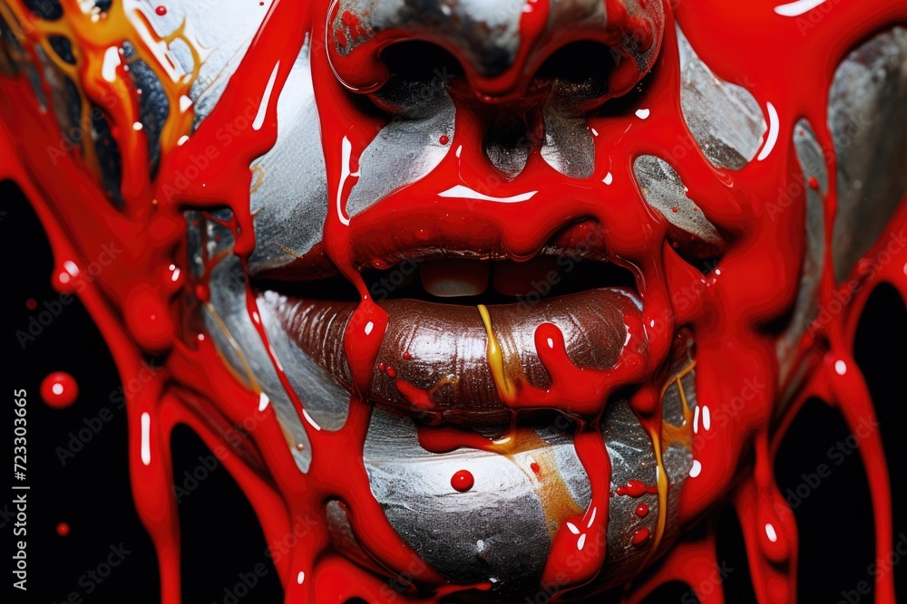 Aufkleber a close up shot of a person's face with vibrant red paint on it. this image can be used for various 