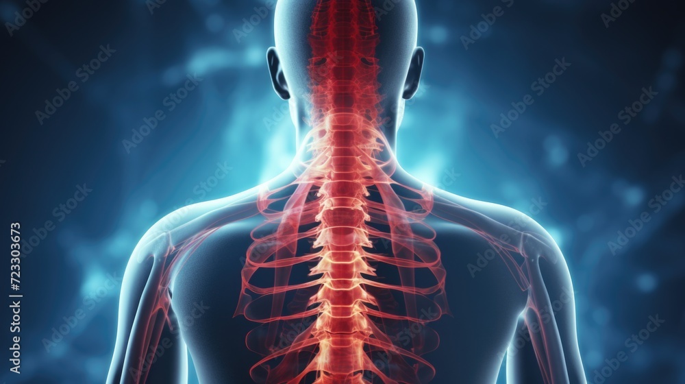 Poster a close-up image of the back of a man's body with a highlighted spine. this image can be used for me