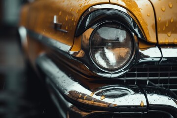 A detailed close-up of the front of a yellow car. This image can be used for automotive-related projects and advertisements