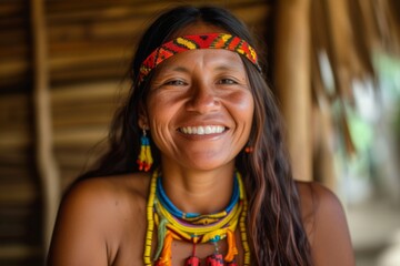 Cheerful Indigenous Woman Radiates Joy And Welcomes The Camera, Creating A Perfectly Symmetrical Photo With A Centered Composition And Ample Copy Space