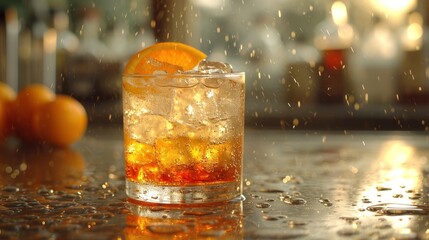  a close up of a glass with a drink on a table with oranges in the background and water splashing on the table top of the glass and on the table.