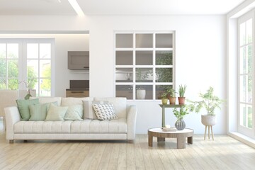 Interior design of modern apartment. Interior mockup. Scandinavian interior design. 3D illustration