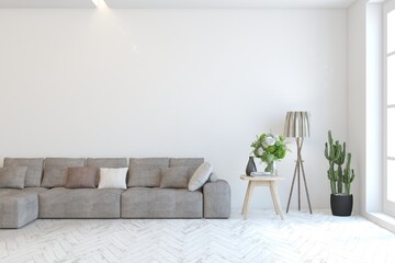 White living room with sofa. Scandinavian interior design. 3D illustration