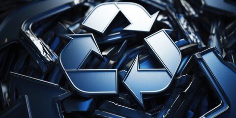 A pile of blue recyclable arrows. Can be used to illustrate recycling, sustainability, or environmental concepts