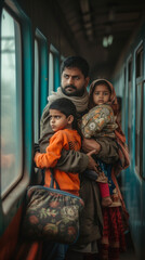 Obraz na płótnie Canvas Refugees: A father and his two children are fleeing from their home country due to war and poverty in a train with very little luggage