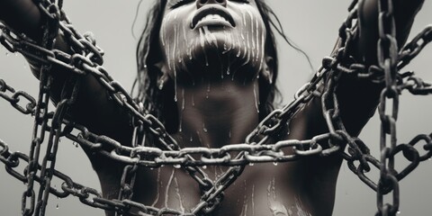 A powerful image of a naked woman chained to a chain. This photo can be used to depict themes of captivity, oppression, or vulnerability.