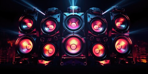 A large group of speakers sitting on top of a stage. Ideal for event promotions and conference advertising