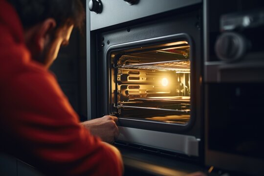 A man in a red shirt is opening an oven. This image can be used to illustrate cooking, baking, or meal preparation