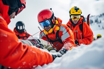 Efficient Ski Resort Rescuers Providing Aid During Emergency Evacuation: Perfectly Symmetrical Photo With Center Focus And Ample Copy Space