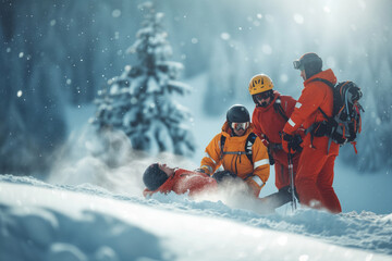 Ski Resort Rescuers Attending To Injured Individual During Emergency Evacuation