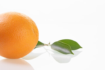 Reflection of vivid orange fruit and orange tree branch on white mirror