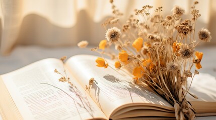 Closeup of dried wildflowers on an open book - perfect for aesthetic backgrounds