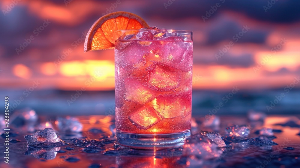 Poster a close up of a drink on a table with ice and a slice of an orange on the top of the drink and a blu