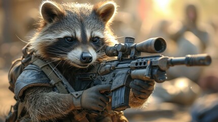  a raccoon is holding a gun and looking at the camera while wearing a leather outfit and holding a rifle.
