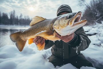 A man stands in the snow, proudly holding a large fish. This picture captures the excitement and joy of a successful winter fishing trip. Perfect for outdoor enthusiasts and fishing enthusiasts alike