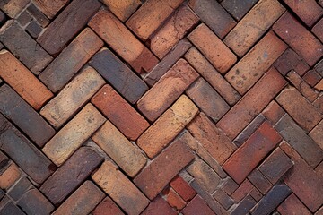 Perfectly Centered Photo Of A Symmetrical Herringbone Pattern Created By Red Bricks On The Sidewalk With Copy Space