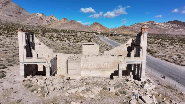 Aerial Cook bank Rhyolite Ghost Town Nevada side. Near Death Valley National Park in California and Beatty Nevada. 1905 gold rush, 1911 a ghost town. Ruins of banks, school, train station.
