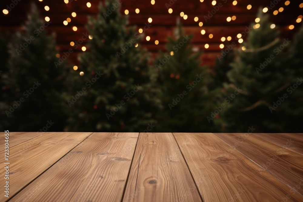 Poster a wooden table with christmas lights in the background. perfect for adding a festive touch to any ho