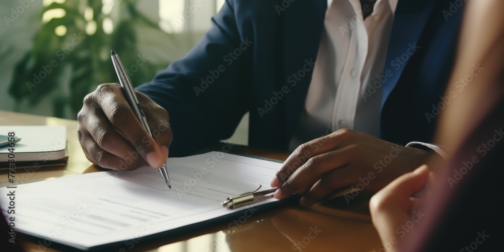 Poster a man in a suit is signing a document with a pen. this image can be used to depict business contract