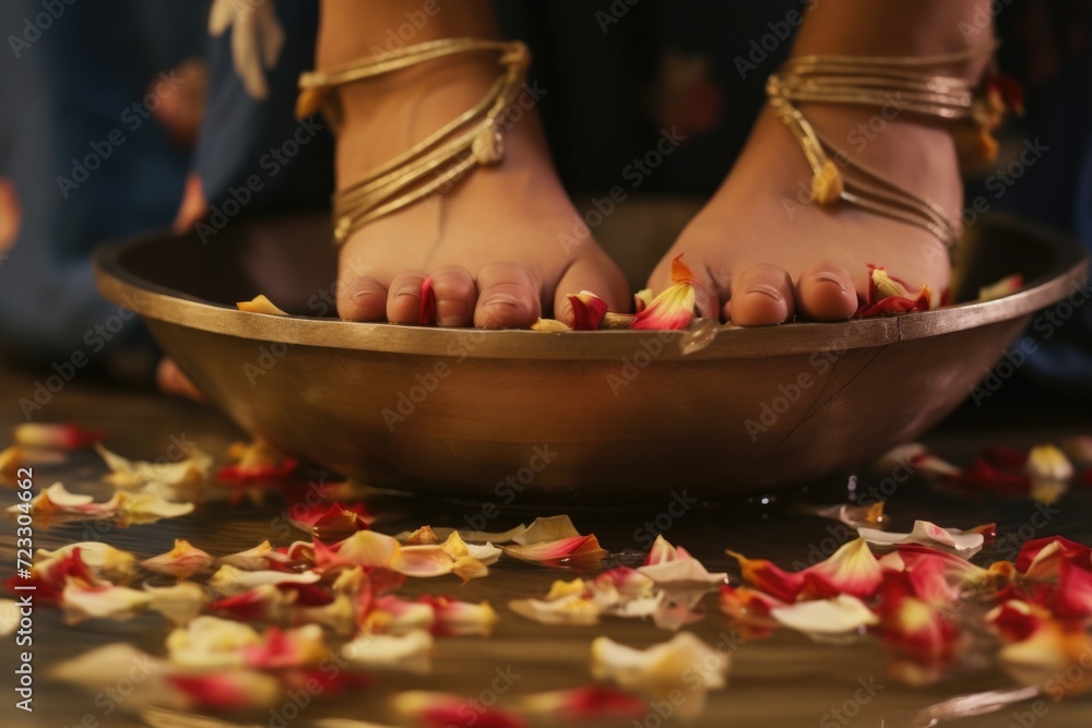 Aufkleber A close-up photograph of a person's feet immersed in a bowl of colorful flowers. This image can be used to add a touch of nature and relaxation to various projects