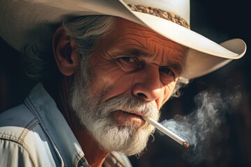 A man wearing a cowboy hat smoking a cigarette. Can be used to depict a rugged western lifestyle or a rebellious attitude - obrazy, fototapety, plakaty