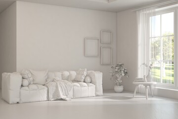 Grey living room concept with sofa and summer landscape in window. Scandinavian interior design. 3D illustration
