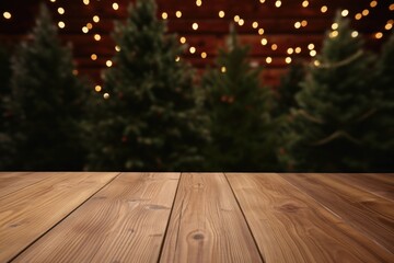 Naklejka na ściany i meble A wooden table with Christmas lights in the background. Perfect for adding a festive touch to any holiday-themed project