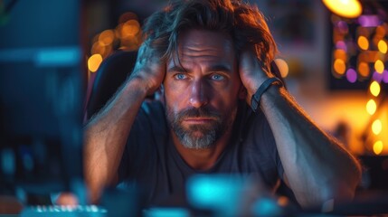  a man sitting in front of a computer desk with his hands on his head and his hands on his head.