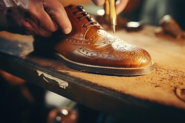 A man is seen using a pair of scissors to work on a shoe. This image can be used to showcase craftsmanship or shoe repair